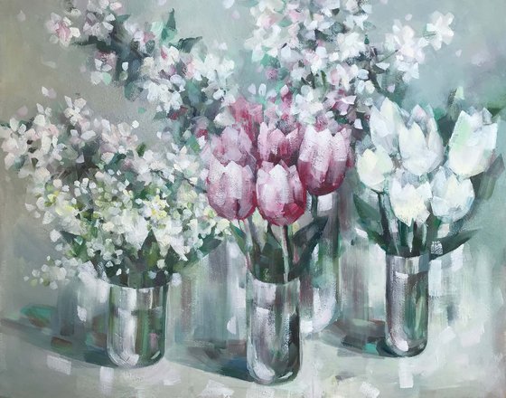 Four spring bouquets. one of a kind, handmade artwork, original painting.