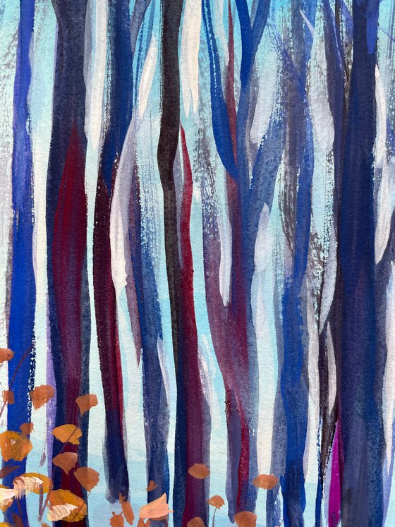 Original Gouache Painting, Snowy Forest Wall Art, Winter Trees Artwork, Rustic Home Decor