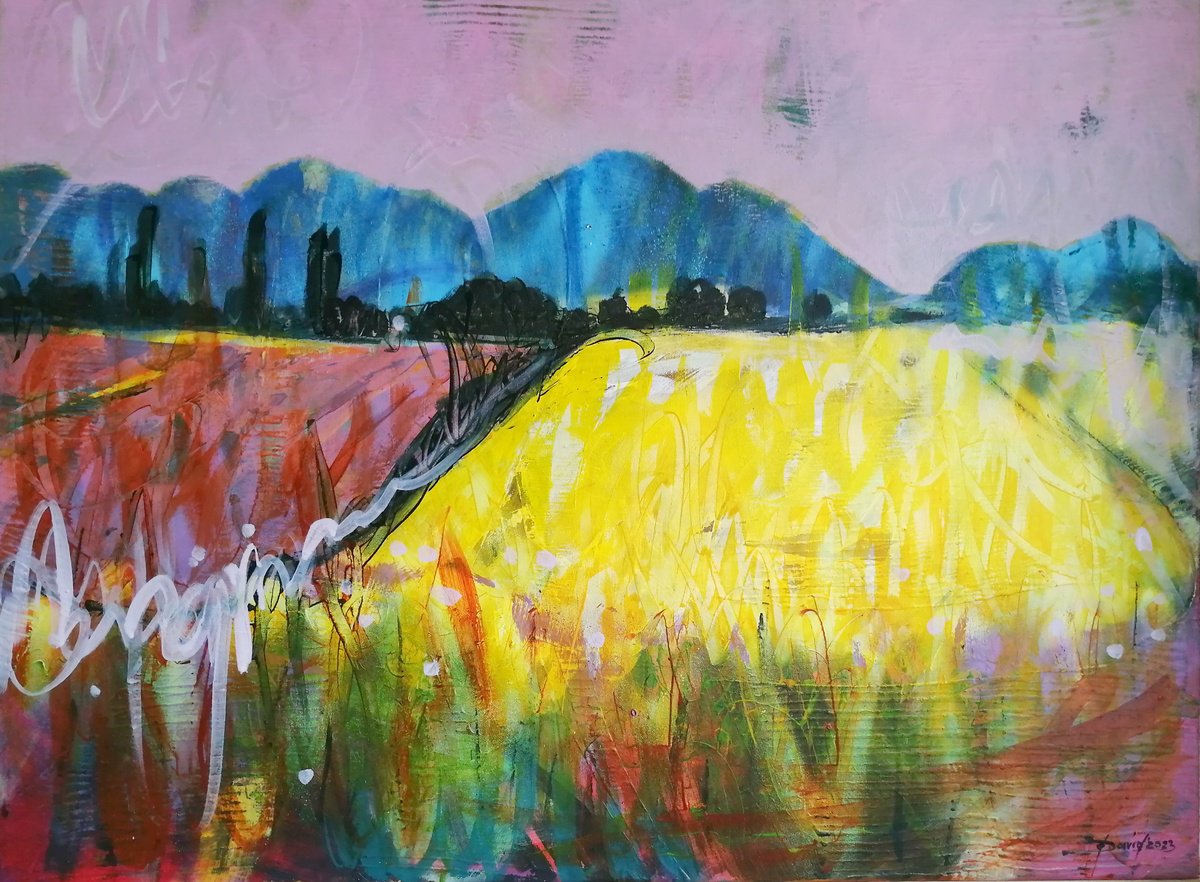 Expressive Landscape Painting By Olga David, 31 X 24", Rapeseed Fields Landscape Artwork, Original Artwork