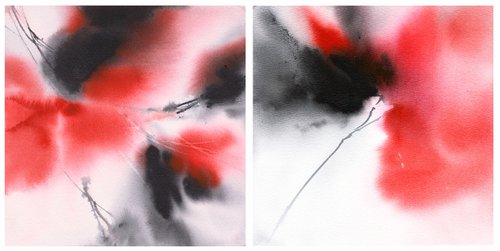 Red abstract flowers diptych by Olga Grigo