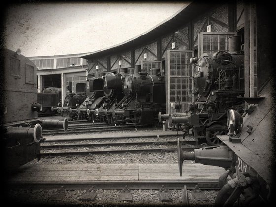 Old steam trains in the depot - print on canvas 60x80x4cm - 08486m1