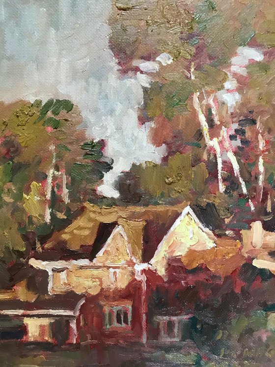Original Oil Painting Wall Art Artwork Signed Hand Made Jixiang Dong Canvas 25cm × 30cm Golden Autumn small building Impressionism