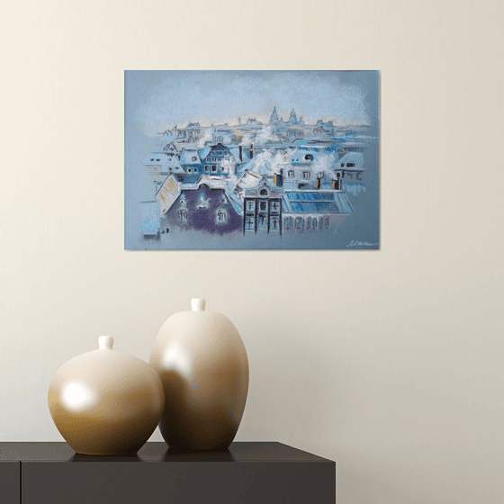 Flight over winter Amsterdam