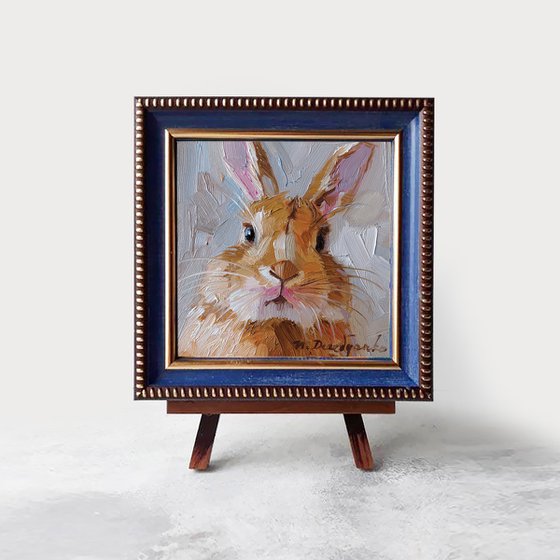 Funny rabbit oil painting original art 4x4, Pet portrait, Bunny illustration nursery wall art rabbit lover gift Christmas