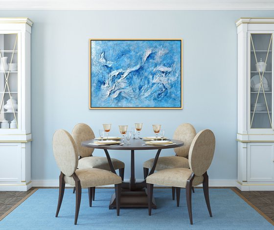 SEAFOAM BEAUTY. Large Abstract Blue White Textured Painting