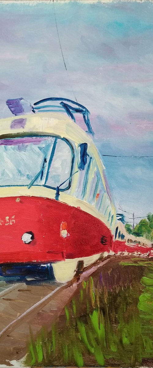 Tram depot. Pleinair painting by Dmitry Fedorov