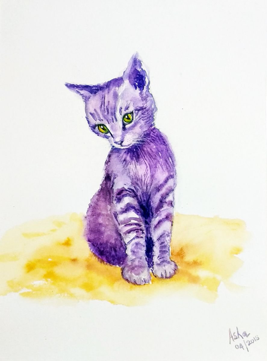 Kitten painting Cute purple kitten 14.20 x 10.50 by Asha Shenoy
