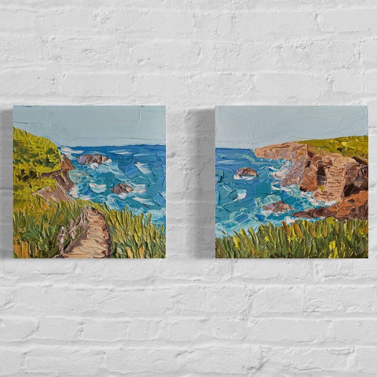 Impressionistic Landscape Acrylic Painting By Guzaliya Xavier, 24 X 12, Rhythm And Rocks Diptych, Original Artwork