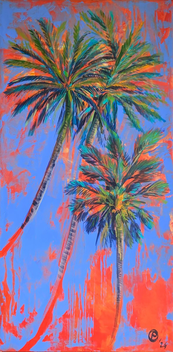 Impressionistic Landscape Acrylic Painting By Olga Pascari, 20 X 39", Palms Tree, Original Artwork