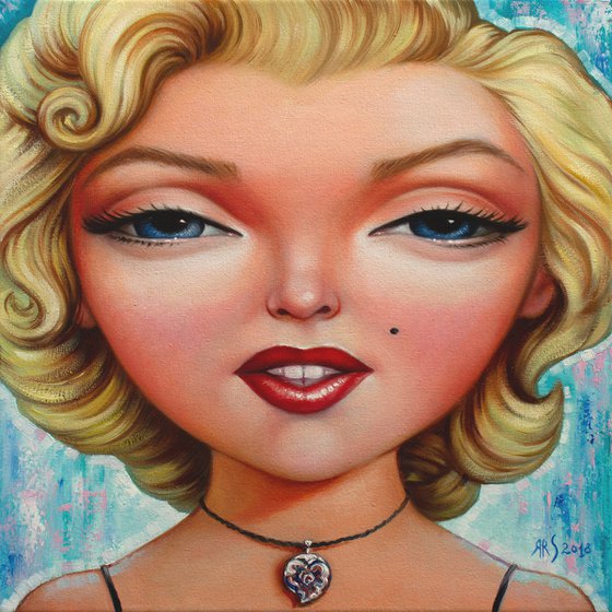 SWEET MARILYN by Yaroslav Sobol (Glamorous Marilyn Monroe Pop Art Painting - Famous Actress and Model with Big Eyes on Blue, Oil Painting)