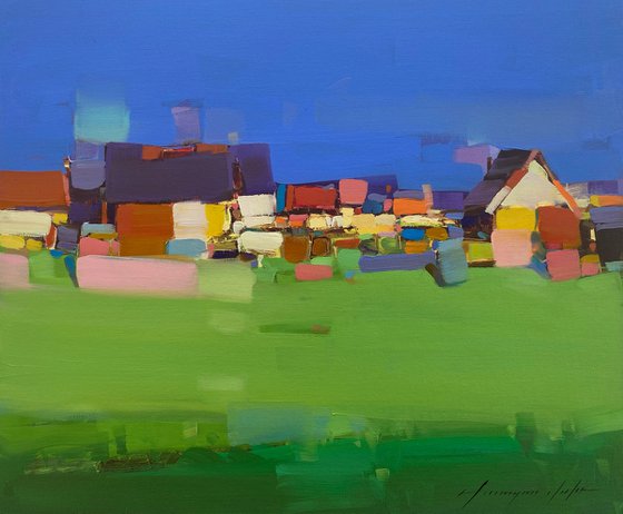 Village, Original oil painting, Handmade artwork, One of a kind
