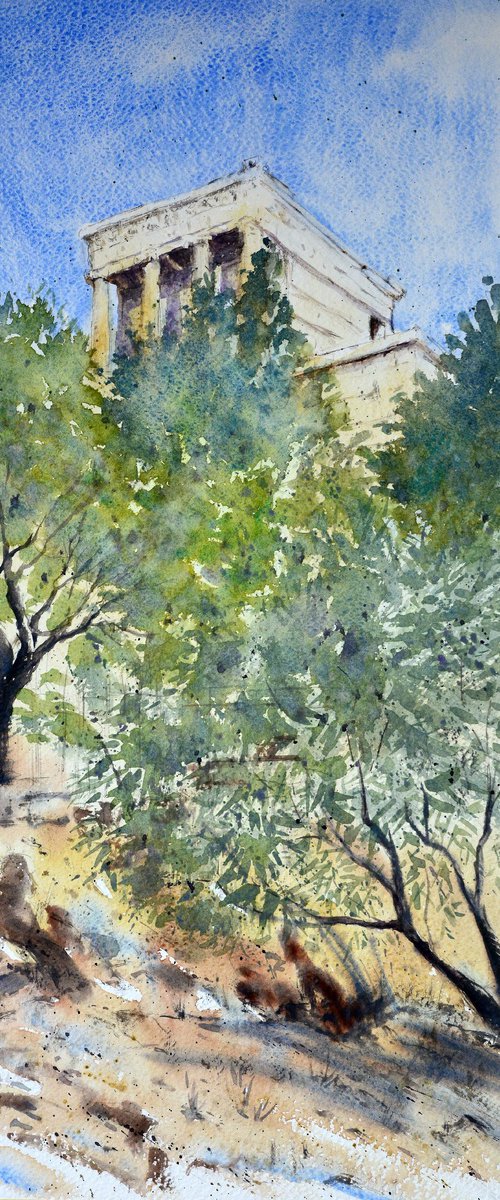 Olive tree and Acropolis Athens Greece 23x54cm 2022 by Nenad Kojić watercolorist