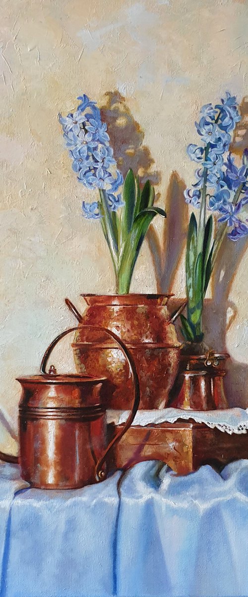 "Blue hyacinths in copper jugs." by Anna Bessonova (Kotelnik)