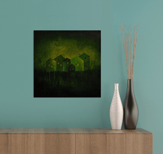 Green Town Nocturne - Abstract painting