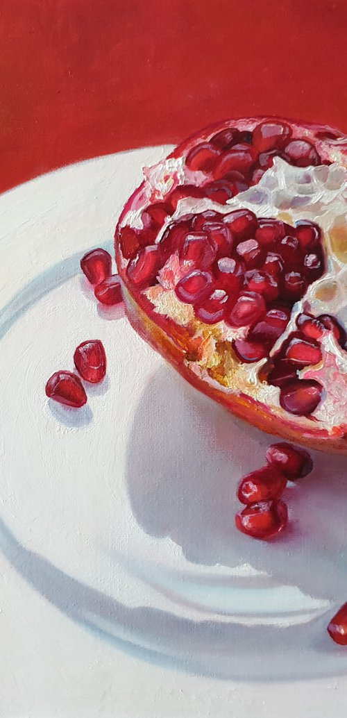 "Red and White."  pomegranate still life  liGHt original painting  GIFT (2021) by Anna Bessonova (Kotelnik)