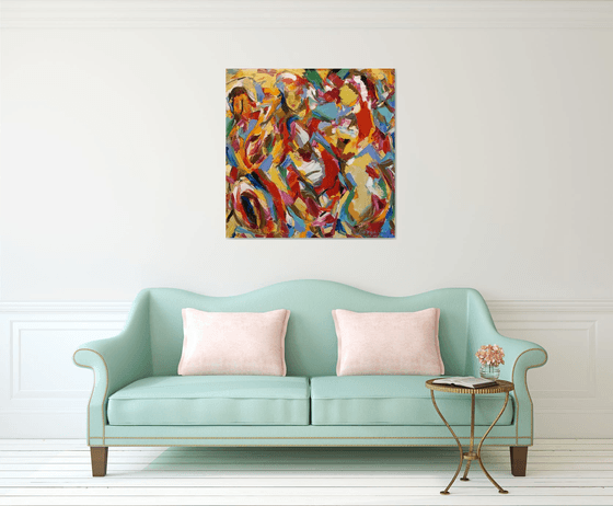 LOVERS IN RED - abstract original oil painting, red blue bright colored, bathers theme, valentine, 100x100cm