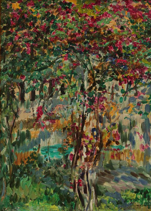 FLOWERING BUSH - Landscape art, blooming tree plant, original oil painting, summer, pomegranate, bloom, home interior decor by Karakhan