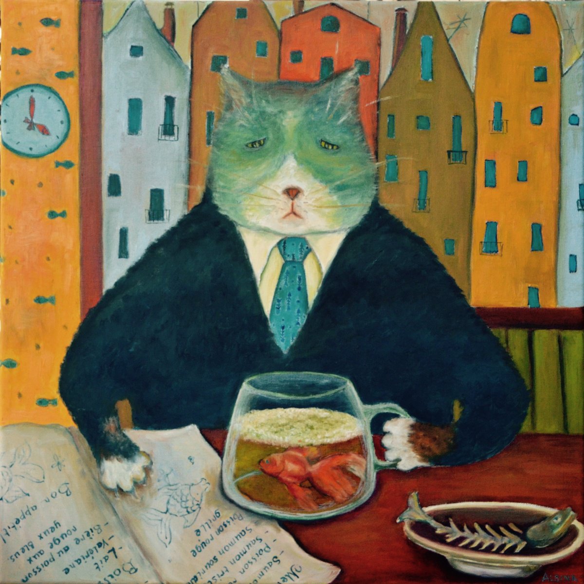 Naive Animal Oil Painting By Albina Urbanek, 24 X 24, To Eat Or Not To Eat-, Original Artwork