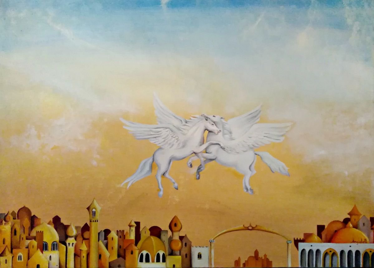 Photorealistic Landscape Painting By Anna Rita Angiolelli, 28 X 20, Golden City, Original Artwork