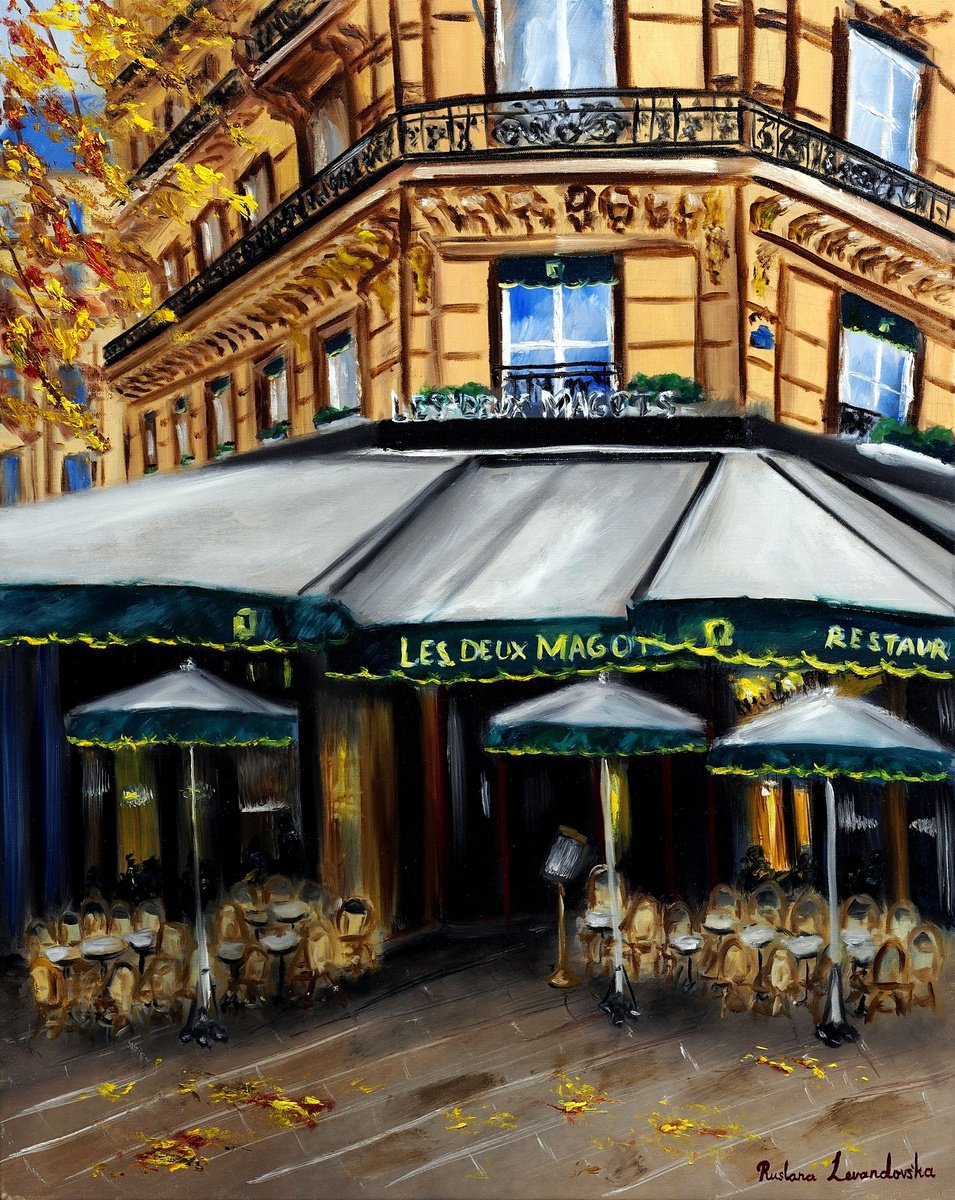 Impressionistic Cityscapes Oil Painting By Ruslana Levandovska, 24 X 30", Autumn At Les Deux Magots, Paris, Original Artwork