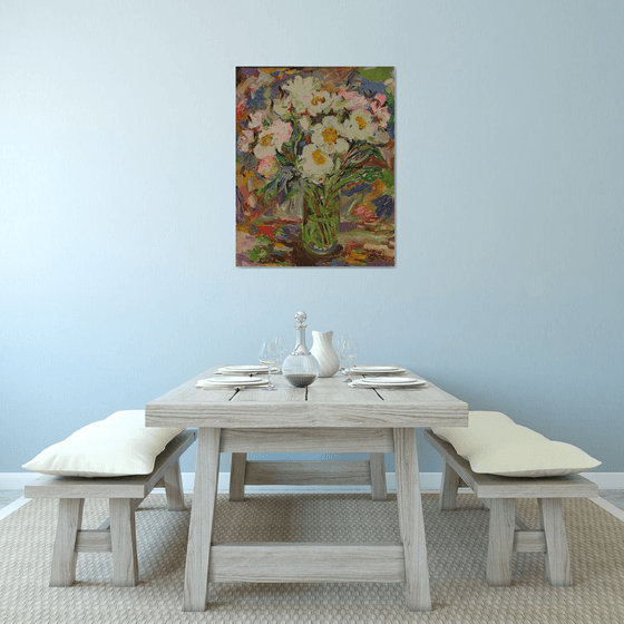 Bouquet - Still Life - Flowers in vase - Medium Size - Oil Painting - Gift Art - Living Room Decor