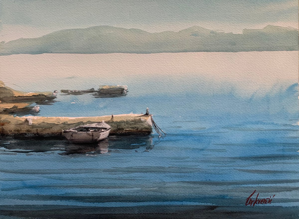 Impressionistic Landscape Watercolour By Tihomir Cirkvencic, 14 X 10", Calm Sea And Old Boat, Original Artwork
