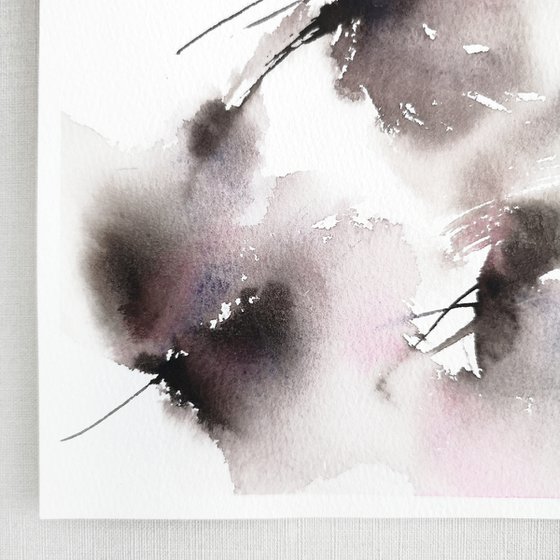 Black abstract flowers, small watercolor floral painting