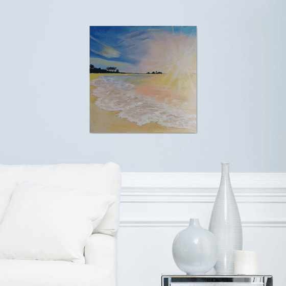 Sunny holiday, original seascape sunrise oil painting, bedroom art, gift idea