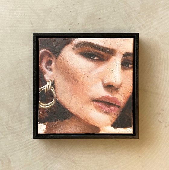 Brunette with earring | Beautiful woman brain hair oil painting on canvas portrait female