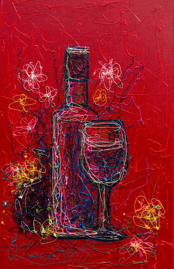 2 Colorful Wine Art   Abstract  (11”X 17”X0.5"  -  inspired by Pollock )