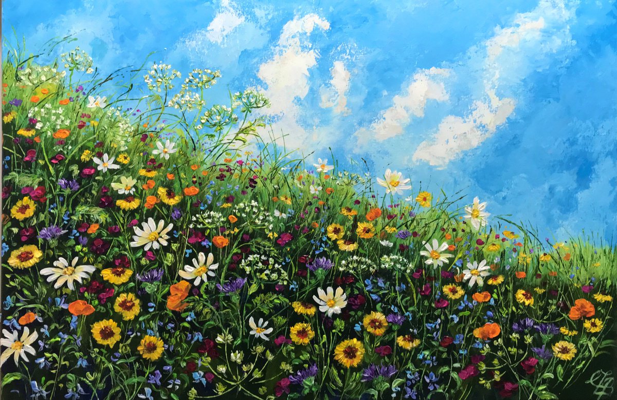 Impressionistic Botanical Acrylic Painting By Colette Baumback, 35 X 24, Meadow Days, Original Artwork