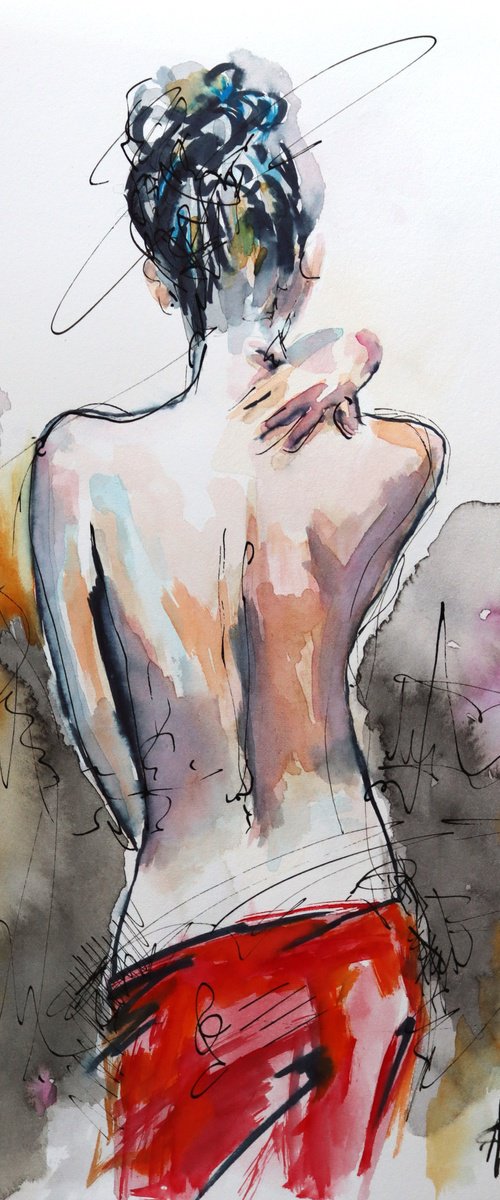 Study  - Nude woman Watercolor Painting on Paper by Antigoni Tziora