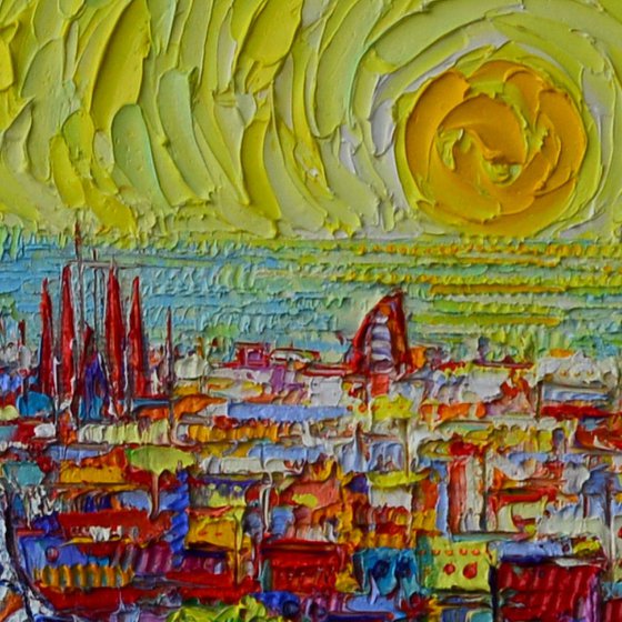 BARCELONA PARK GUELL SUNRISE modern impressionist textural impasto palette knife oil painting abstract stylized cities by Ana Maria Edulescu