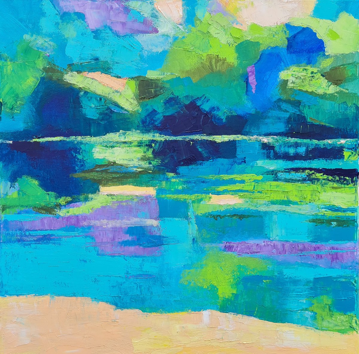 Organic Landscape Oil Painting By Simon Tunde, 20 X 20", Reflections. 8., Original Artwork