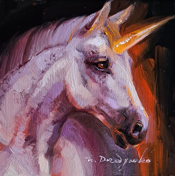 White unicorn oil painting original in silver frame 4x4 inch