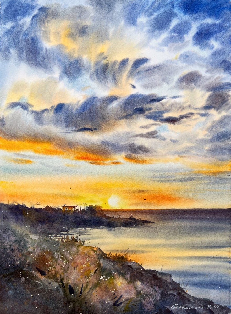 Impressionistic Landscape Watercolour By Eugenia Gorbacheva, 11 X 15, Sunset In Cyprus, Original Artwork