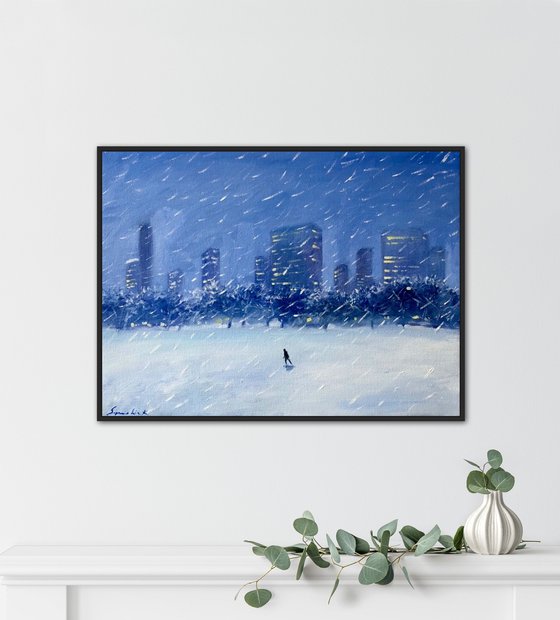 Walking alone, snowstorm