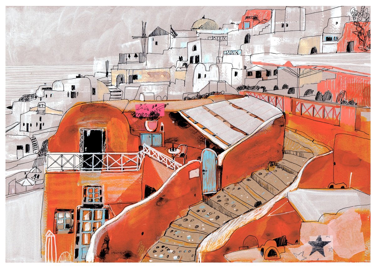 Impressionistic Cityscapes Watercolour By Anastasia Mamoshina, 17 X 12, Santorini In Orange Hues, Original Artwork