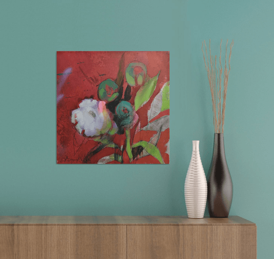 White peonies modern mixed media painting