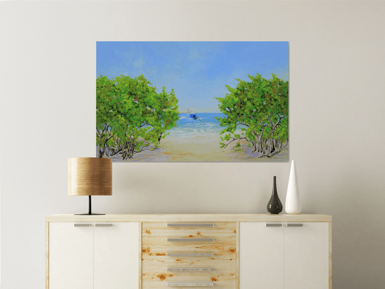 COASTAL PARADISE. SANIBEL ISLAND BEACH. Tropical Island Seascape Painting of Florida Beach and Fishing Boat.