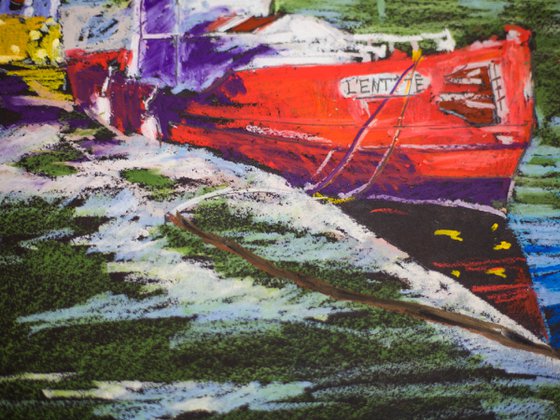 View of Sain-Martin in Paris. Red boat. Medium oil pastel drawing bright colors France