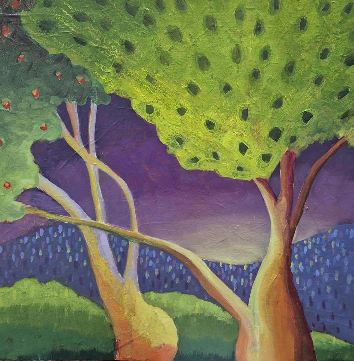 Impressionistic Landscape Oil Painting By Gitti Gv, 15 X 15, Trees By The Fields, Original Artwork