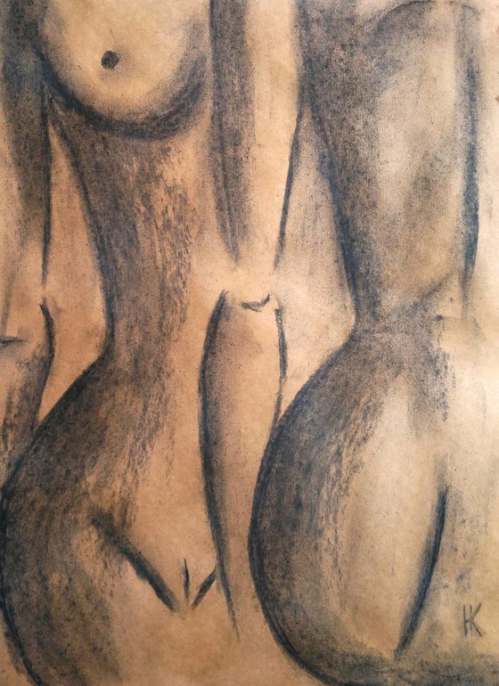 Lesbian Painting LGBT Original Art Couple Artwork Female Nude Drawing Woman Nude Charcoal Sketch Erotic Painting Home Wall Art 12 by 17" by Halyna Kirichenko