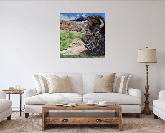 "A Mothers Watchful Eye" - Wildlife - Bison - Landscape