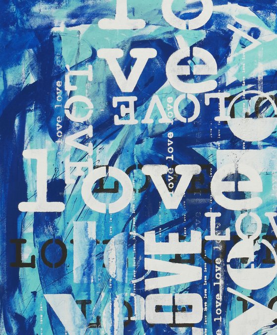 LOVE in blue - love letters - Typographic artwork - 90x115 cm - Ronald Hunter - 13D