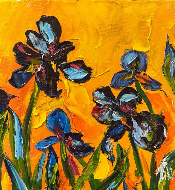 Irises on a yellow background