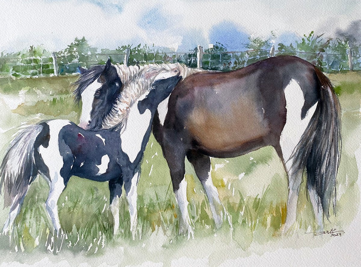 Photorealistic Animal Watercolour By Arti Chauhan, 16 X 12, Horse With Foal, Original Artwork