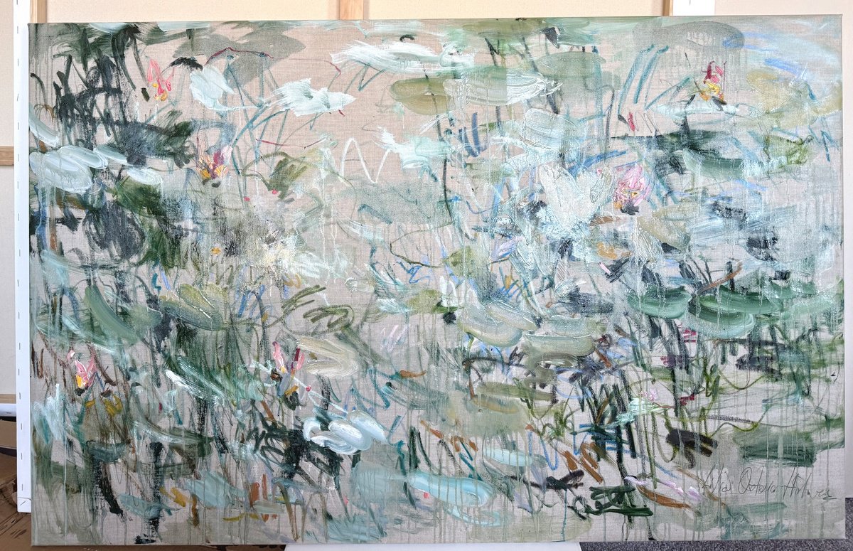 Expressive Abstract Oil Painting By Lilia Orlova-Holmes, 55 X 35", Summer Pond. Water Lilies, Original Artwork