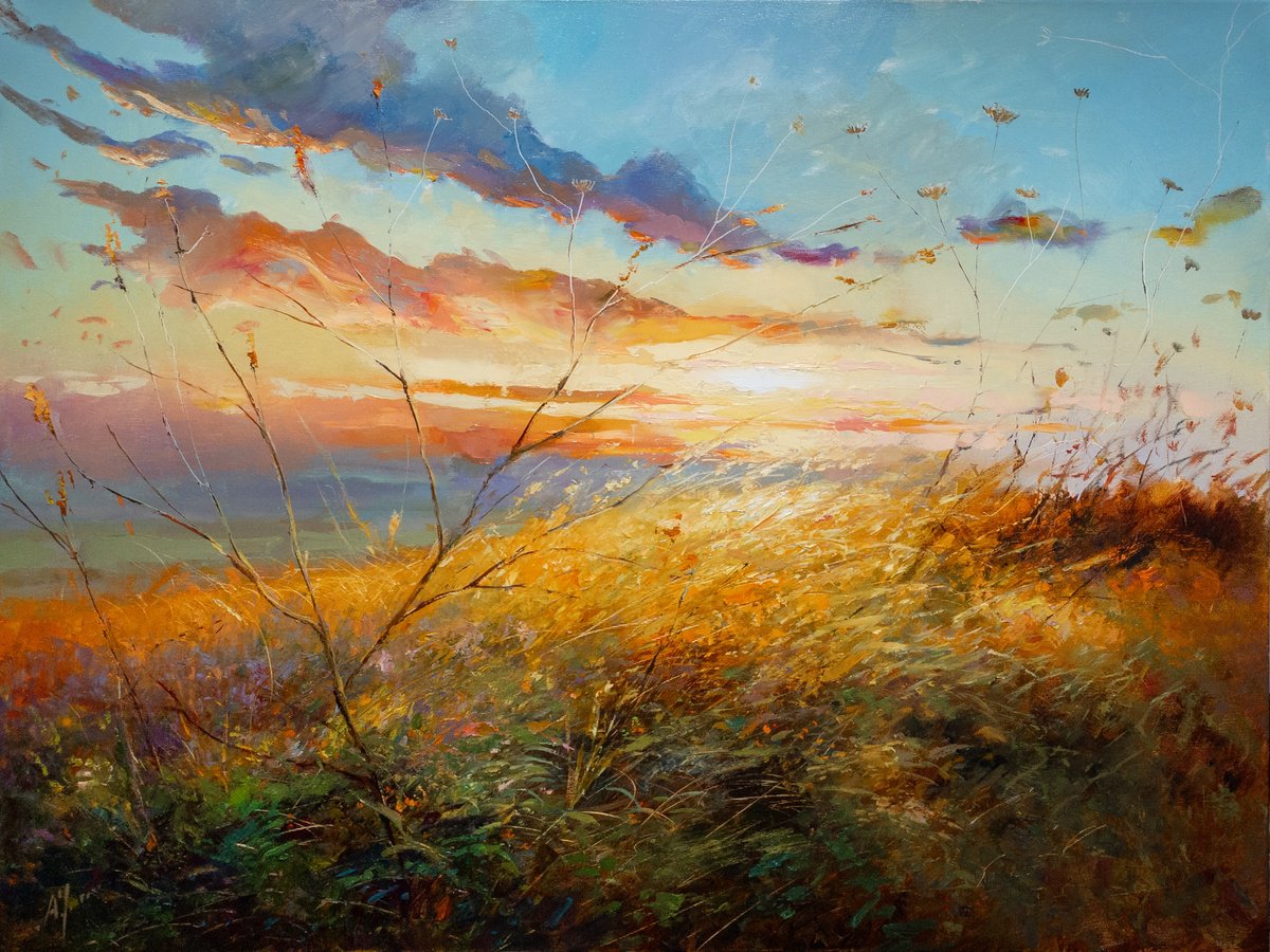 Impressionistic Landscape Oil Painting By Aleksandr Jerochin, 35 X 28, The Wind Of Summer, Original Artwork