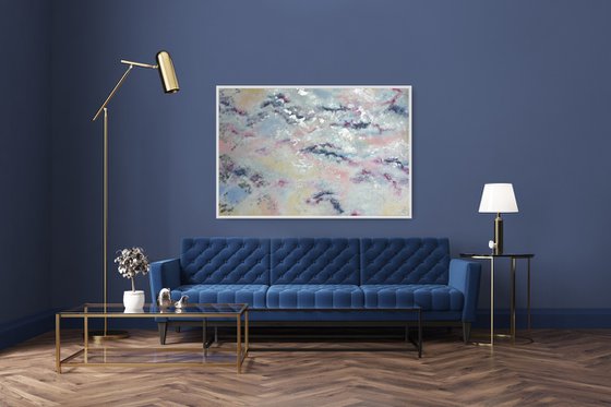 "Somewhere above the clouds" Pastel Abstract Large Painting with Silver Leaf Light Large Artwork 90×60cm